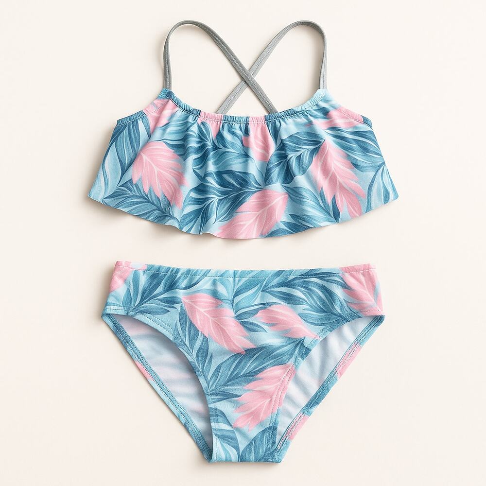 Girls Swim Set Size‎ 15/16 Blue Pink Ruffle Bikini Tropical Print Criss Cross